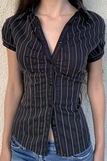 casual non-stretch striped print slim single-breasted short sleeve shirt