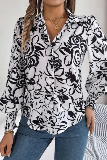 casual non-stretch 3 colors contrast color flower batch printing lapel blouses