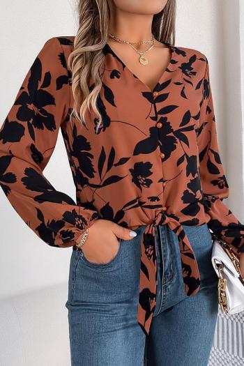 casual non-stretch 3 colors flower batch printing v-neck blouses