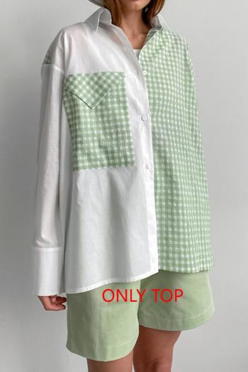 casual non-stretch checkered tatting all-match blouse(only blouse)
