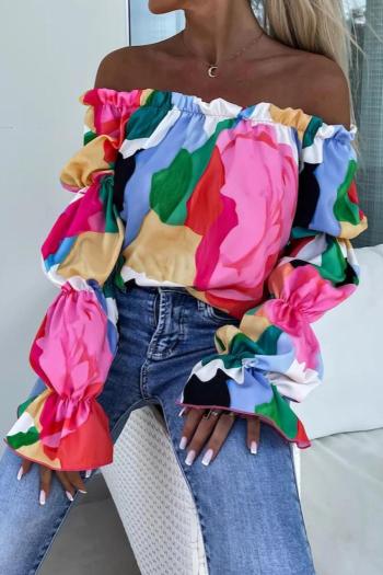 stylish non-stretch multicolor batch printing off shoulder loose blouse
