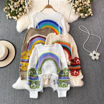 sexy non-stretch knitted rainbow hollow tassel loose crop top
