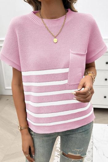 casual slight stretch stripe knitted short sleeve pocket all-match sweater