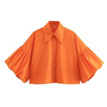 exquisite non-stretch 8 colors solid color lapel puff sleeve blouses