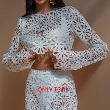 new sexy non-stretch solid color lace long sleeves hollow tops