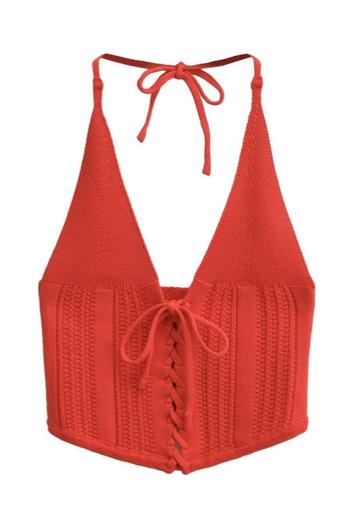 sexy slight stretch knitted halter-neck lace-up crop vest(size run small)