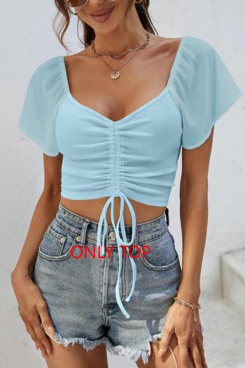 sexy slight stretch stitching chiffon v-neck drawstring top