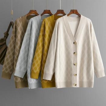 casual slight stretch loose knitted diamond single-breasted cardigan