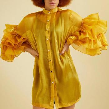 new non-stretch patchwork mesh see through ruffle bell sleeve loose tops