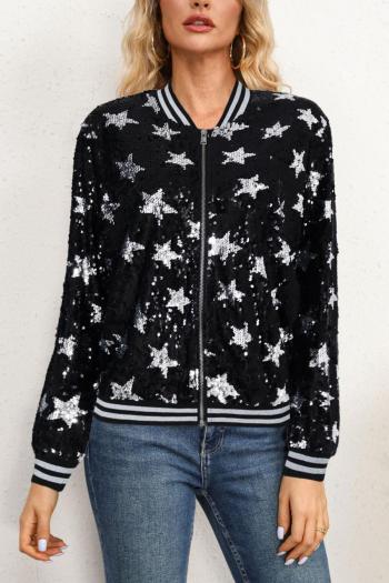 stylish plus size slight stretch sequin pentagram zip-up baseball jacket