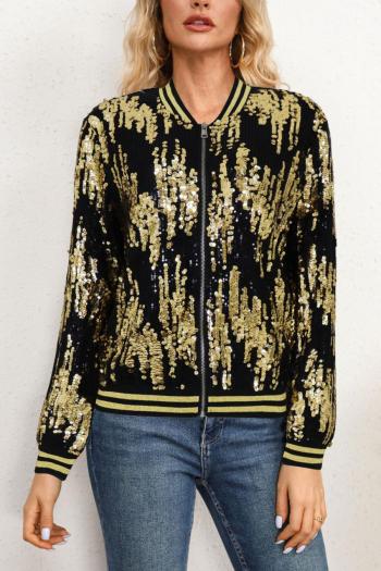 stylish plus size slight stretch sequin zip-up baseball jacket
