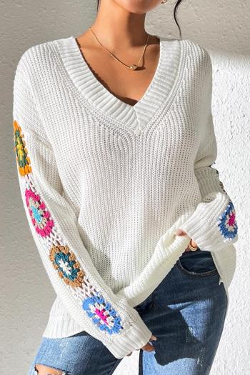 casual slight stretch random color crochet v-neck loose sweater