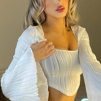 new slight stretch patchwork solid color see through u-neck long sleeve tops