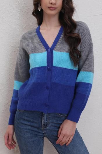 casual slight stretch contrast color ribbed knit v-neck sweaters