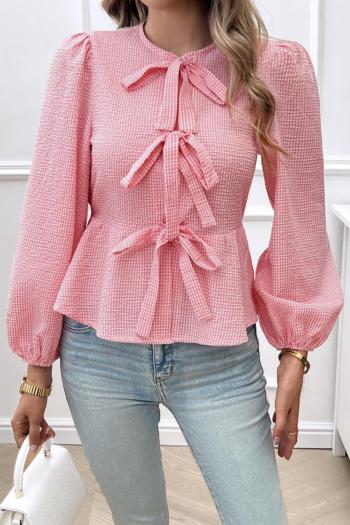 casual non-stretch 5 colors lattice pattern lace-up blouses