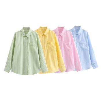 casual non-stretch 4-colors striped print loose long-sleeved shirt