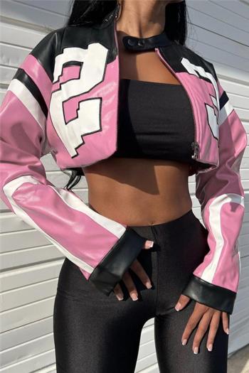 sexy non-stretch pu crew neck letter printing zip-up crop jacket