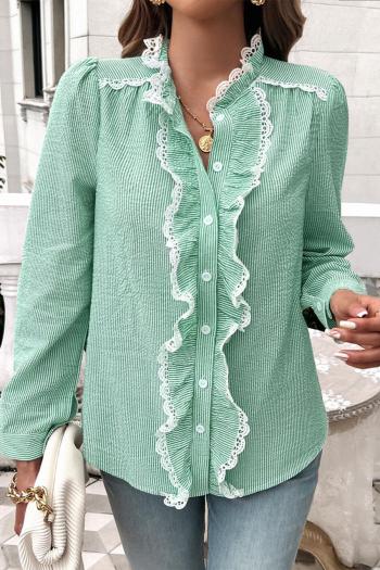 casual non-stretch lace trim crew neck stripe printing blouses