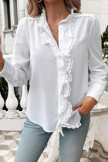 casual non-stretch lace trim button solid color blouses