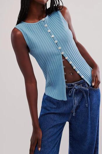 casual slight stretch solid color slim single-breasted sleeveless knit wear