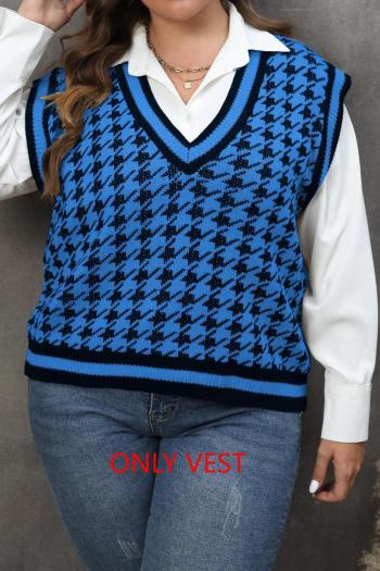 casual plus size slight stretch ribbed knit houndstooth pattern vest