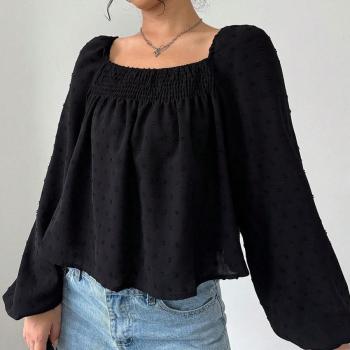 s-xl new non-stretch solid color square neck puff sleeve all-match tops