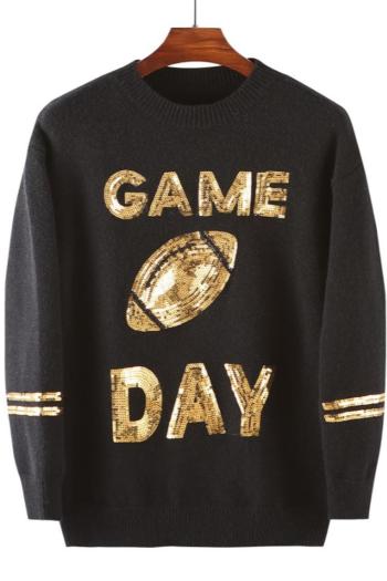 stylish casual slight stretch letter rugby pattern sequin decor knitted sweater