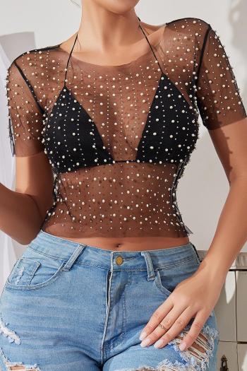 sexy slight stretch mesh see-through rhinestone pearl decor crop top