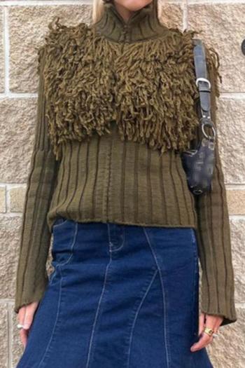 casual slight stretch ribbed knit high collar zip-up sweaters