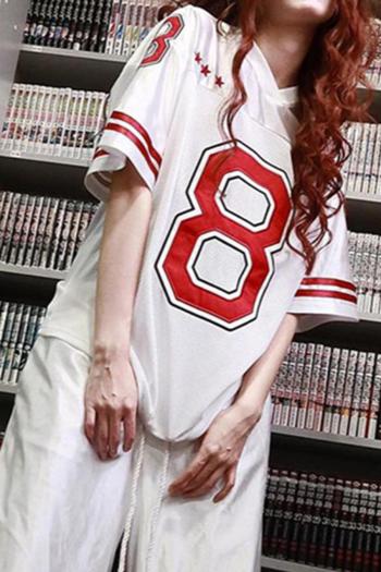 casual slight stretch contrasting number fixed v-neck short sleeve t-shirt