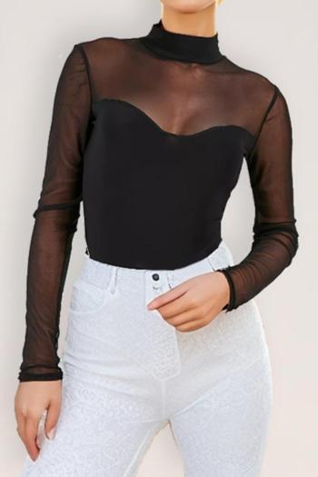sexy high stretch see through mesh stitching long sleeve bodysuit