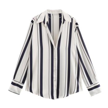 casual non-stretch lapel v-neck stripe printing blouses