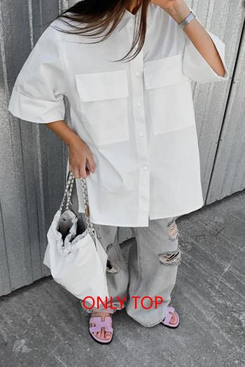 new non-stretch solid color patchwork pocket lapel short sleeve cotton blouse