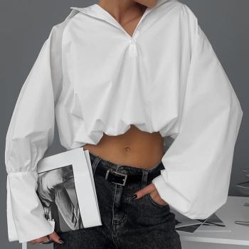 new non-stretch patchwork solid color irregular long sleeve lapel blouse