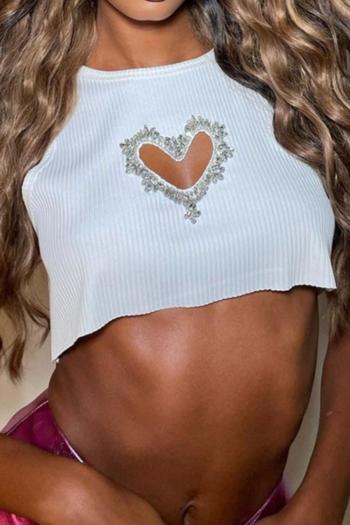 new sexy high stretch solid color heart rhinestones hollow sleeveless knit wear