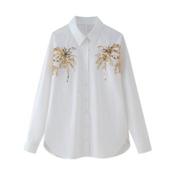 casual non-stretch sequin decor lapel blouses