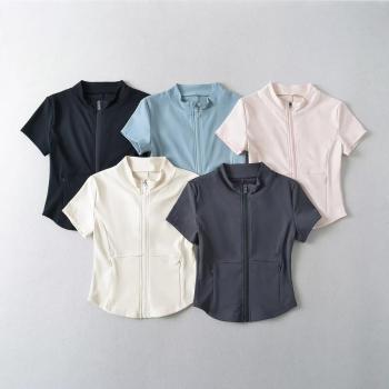 stylish slight stretch 5 colors zip-up slim top(size run small)