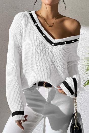 casual slight stretch color-block knitted v-neck button decor all-match sweater