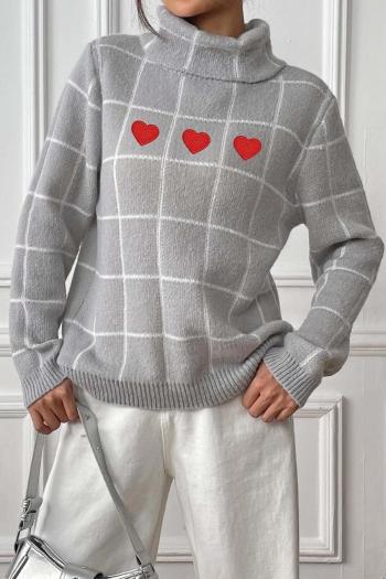 casual slight stretch checkered knitted heart embroidery sweater