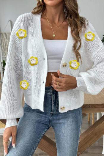 casual slight stretch knitted 3d flower v-neck button 3d flower sweater