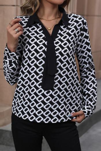 new slight stretch patchwork geometric batch printing long sleeve blouse