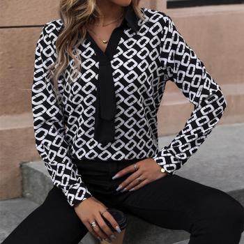 New slight stretch patchwork geometric batch printing long sleeve blouse