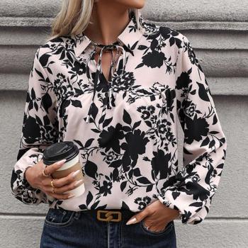 new slight stretch polyester lace-up flowers batch printing long sleeve blouse