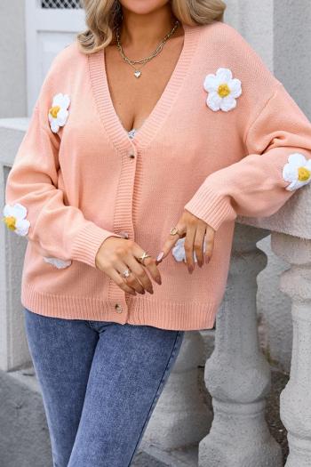 sytylish slight stretch knitted 3d flower decor v-neck all-match sweater