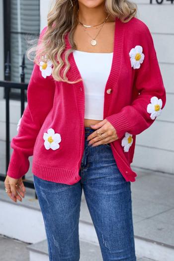 sytylish slight stretch knitted 3d flower decor v-neck single-breasted sweater