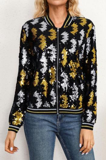 stylish plus size non-stretch contrast color sequins baseball jacket