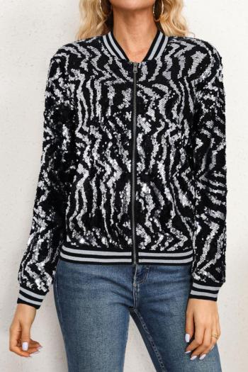 stylish plus size non-stretch zebra print sequins decor baseball jacket