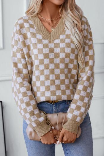 new casual slight stretch contrast color lattice knit v-neck loose sweater