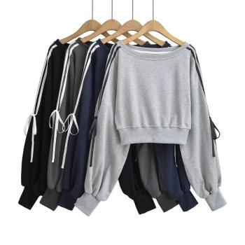 stylish slight stretch 4 colors long sleeve bow crop sweatshirt(size run small)