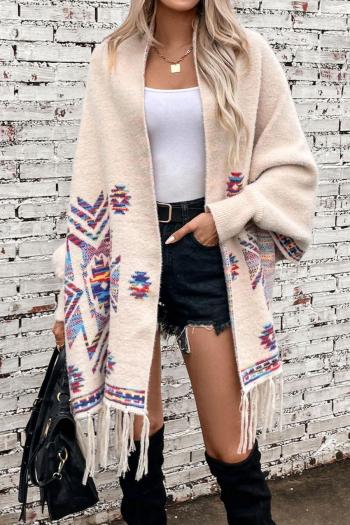 new stylish slight stretch geometric knit contrast color tassel cardigan
